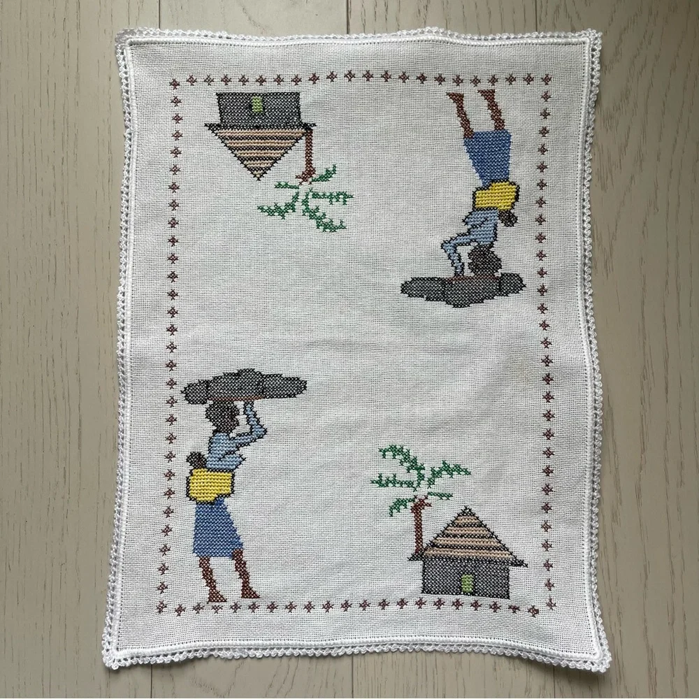 Vintage linen textile tea towel cloth embroidered mother and child cross stitch